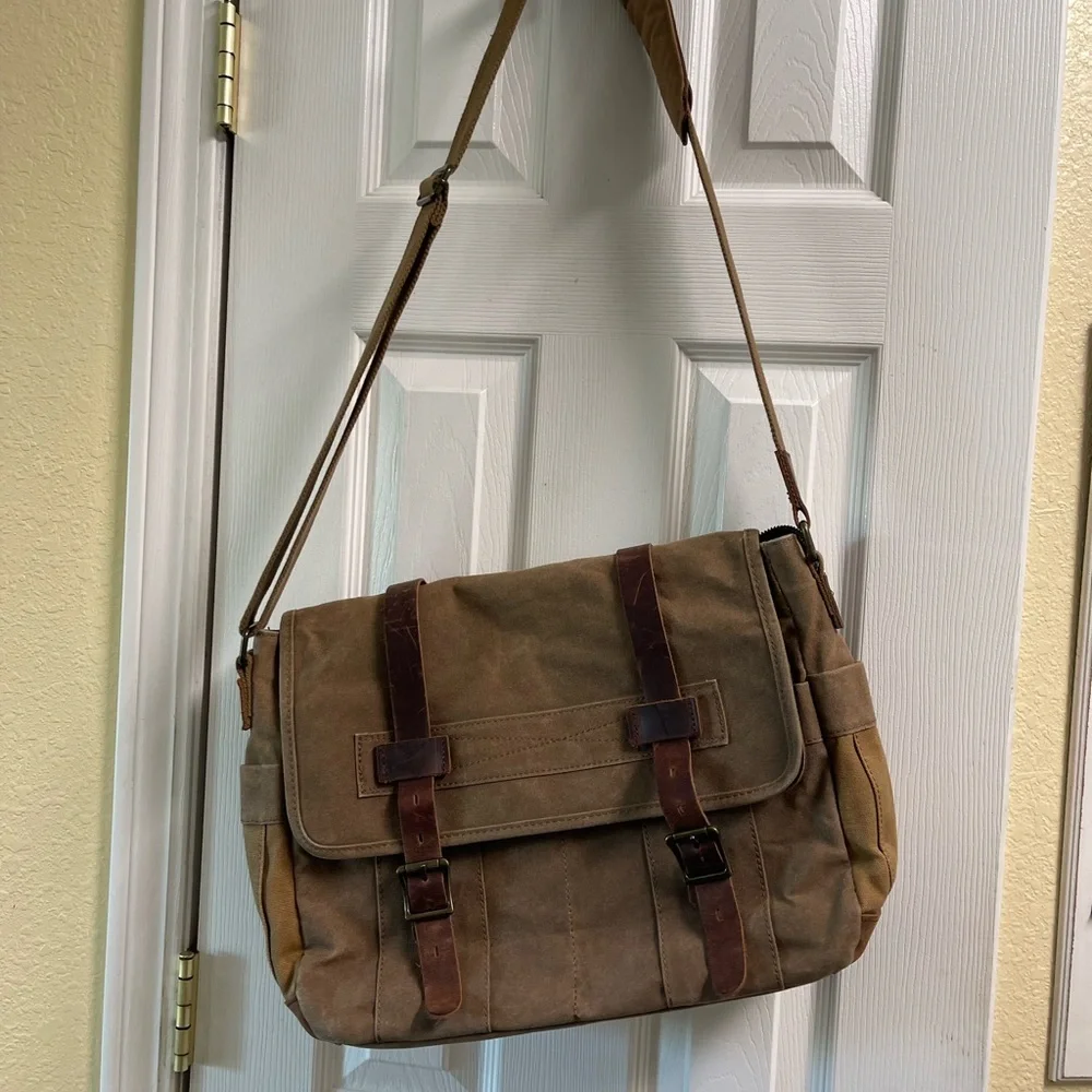 Brown Leather/Canvas Laptop Computer Bag Briefcase Messenger